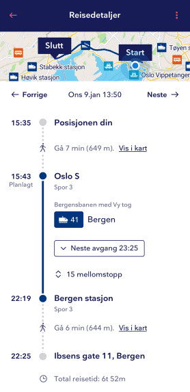 Skjermbilde 2 av Entur-appen som illustrer bruk av travel leg